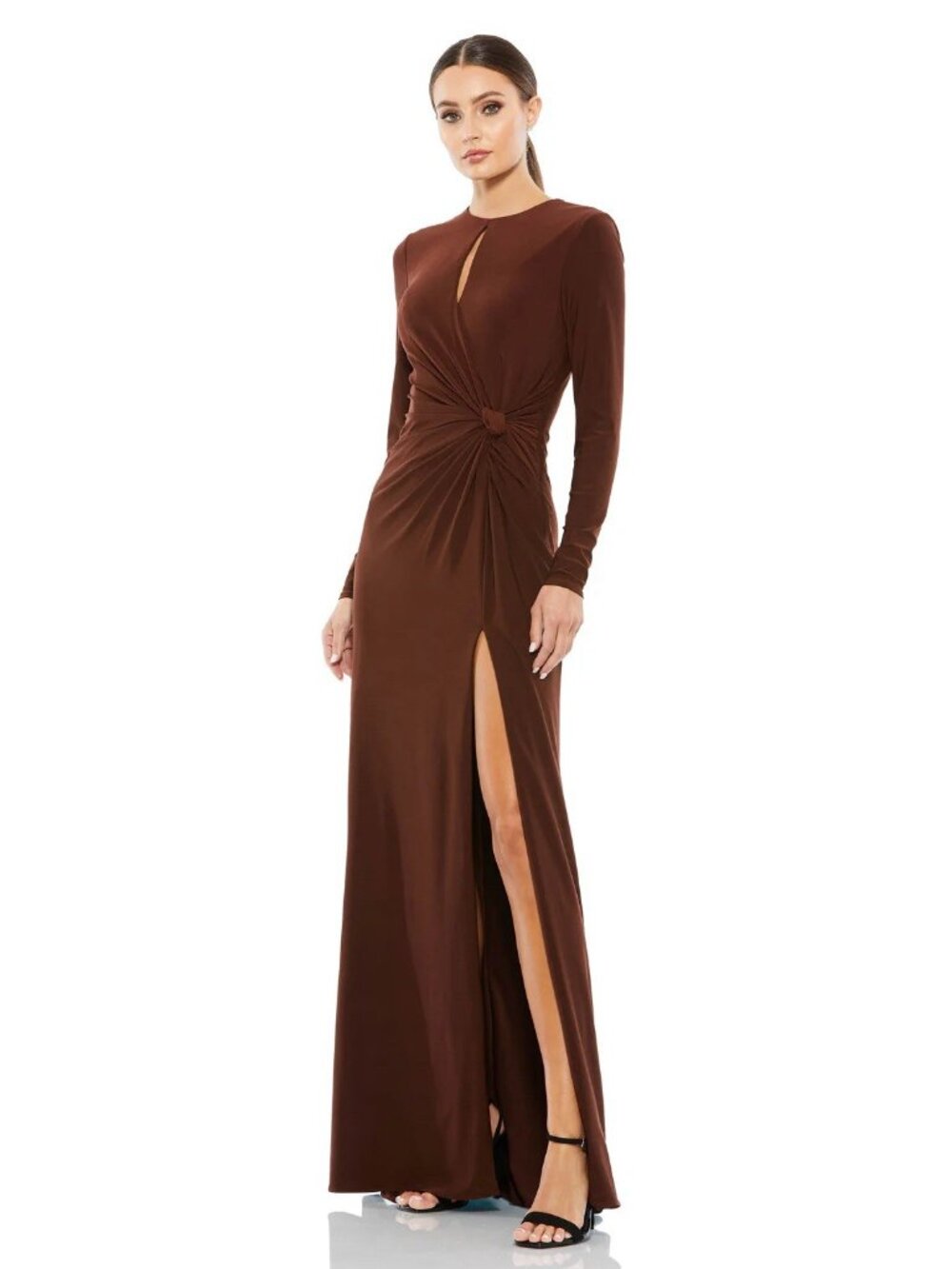Mac Duggal Size 2 Brown 55708 Long Sleeve Keyhole Draped Maxi Jersey Gown Dress